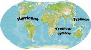 A map of the world naming the areas of the different types of cyclones